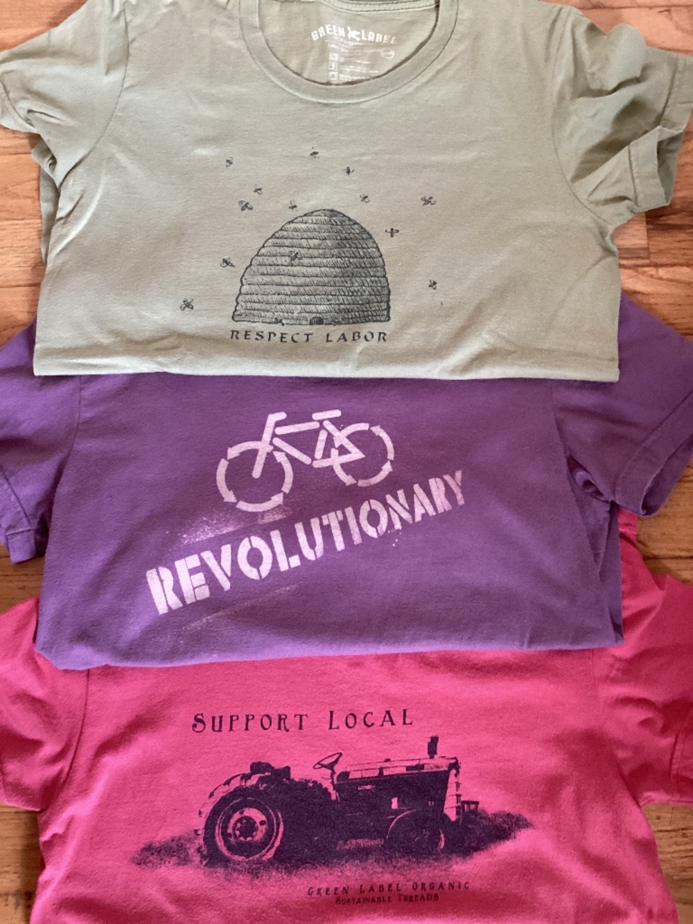 Green Label M Tee Shirts - Bundle of 3 - Organic Cotton Green Purple Red Summer